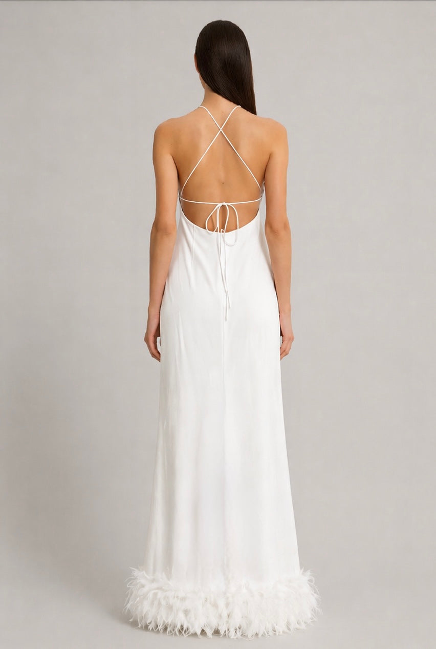 Abito lungo con piume